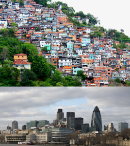 Figure 20.11 includes two photos. The first photo shows crowded buildings located on the hillside. They are small and shabby. The second photo shows magnificent buildings located by water.